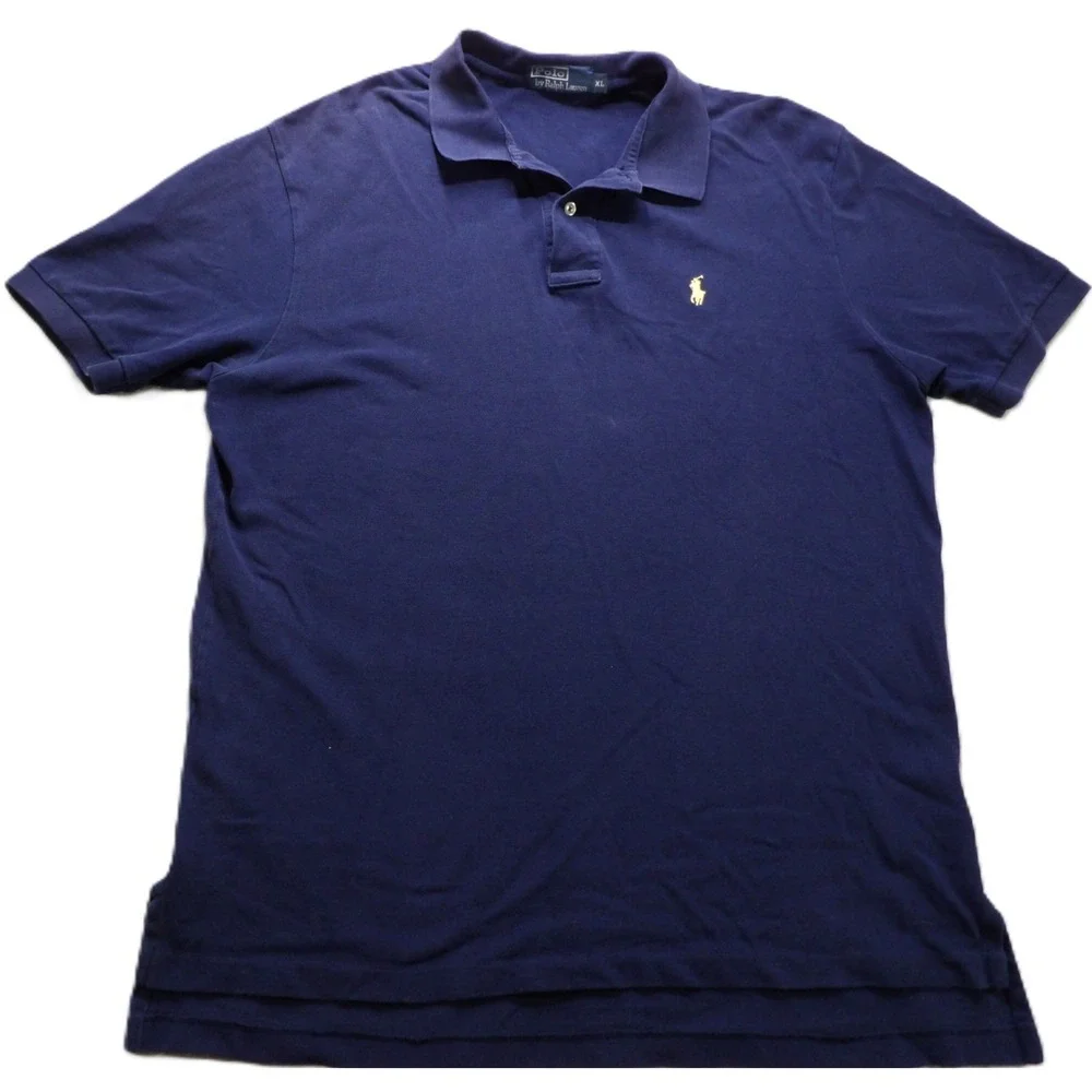 VTG Polo Ralph Lauren Polo Men XL Mesh Pique Yellow Pony Navy Golf Cotton 90s